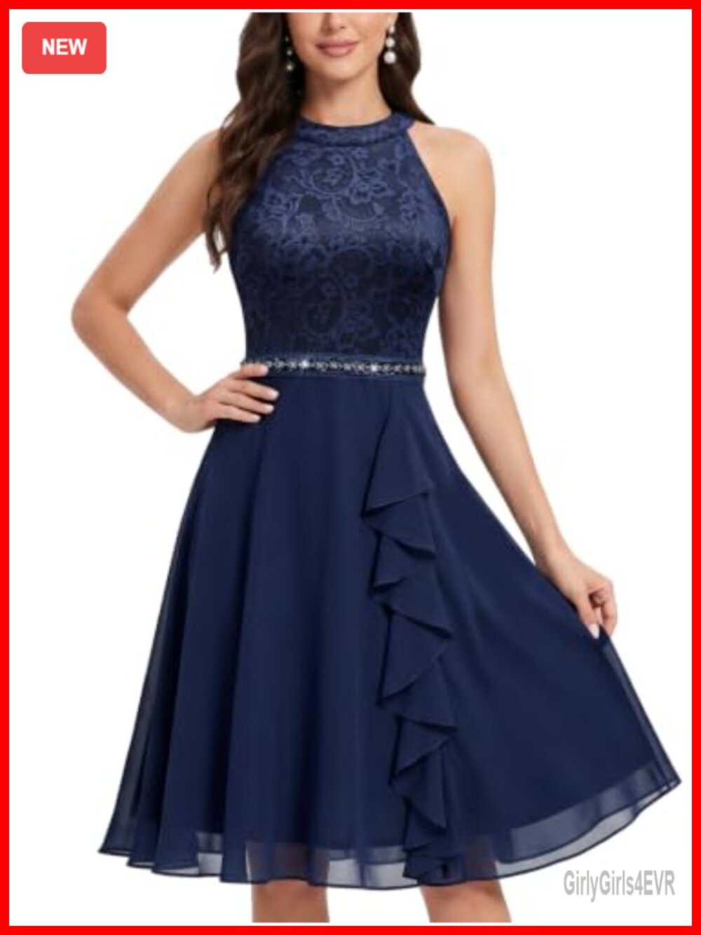 A-Line Halter Lace Chiffon Ruffle Cocktail Party Dress